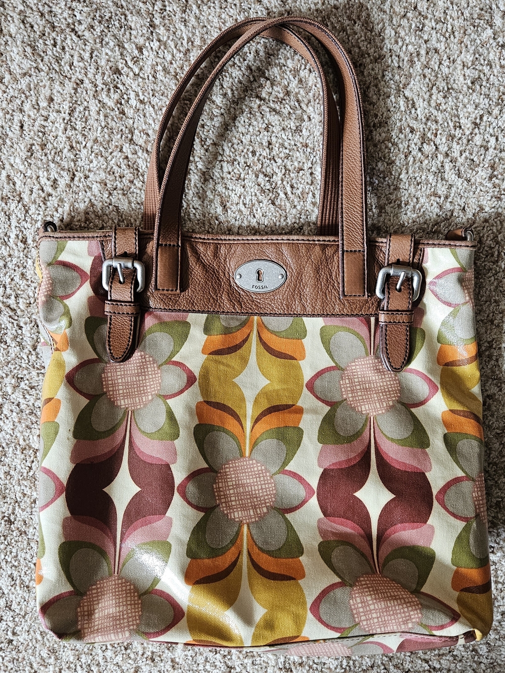 Fossil Key-Per Floral Coated Tote Bag in Brown and Orange